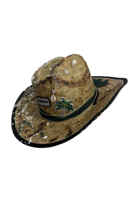 Шапка - каубойски стил - слама - Ръчно изработена - ръчно рисувана и с аксесоари - Ямайка - Кафяв