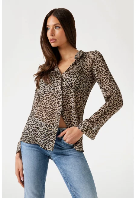 Слим риза с животинска шарка - Черен - Кафяв -