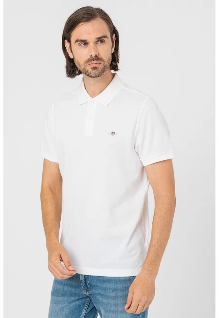 Тениска от памучно пике с яка - Бял