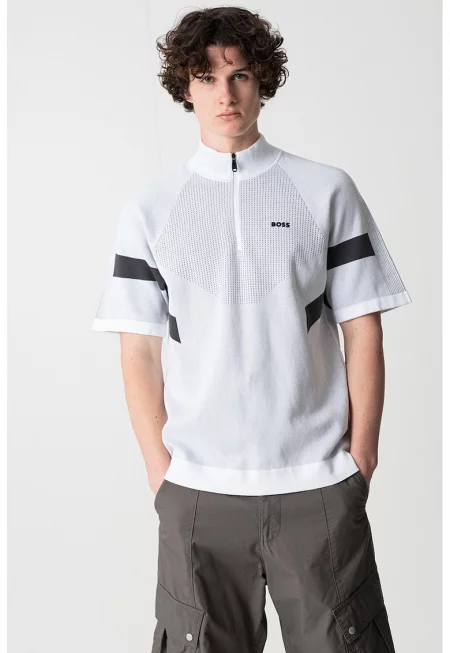 Тениска с къс цип - Бял/Светлосив меланж/Tъмносив