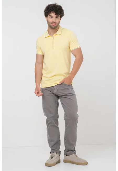 Тениска с яка с къс цип - Прашно синьо/Сламеножълт