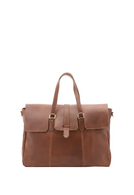 Унисекс кожена пътна чанта с предно закопчаване - Кафяв