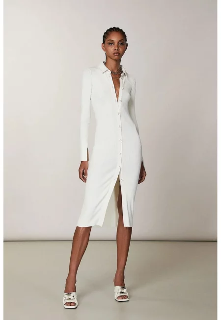 Viscose Blend Shirt-dress With Long Sleeves - Бял