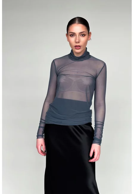 Вталена ефирна блуза с яка - Въглен сиво