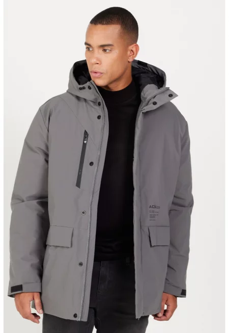 Зимно яке с качулка и джобове с капаче - Пепеляво сиво