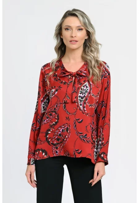 888144262-Женска блуза с тънка панделка - червена с пейсли принт