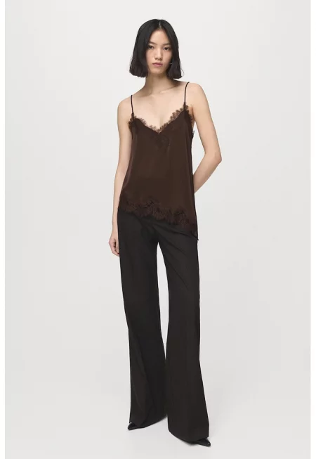 Асиметричен топ с дантела - Тъмнокафяв