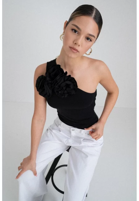 Боди с едно рамо и флорална апликация - Черен