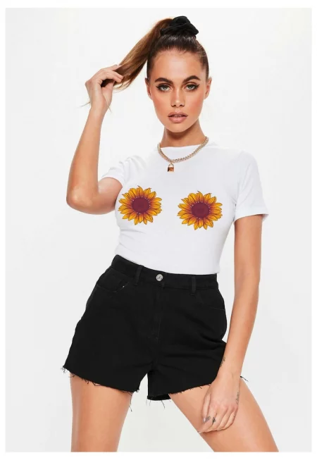 Бяла дамска тениска - Слънчоглед