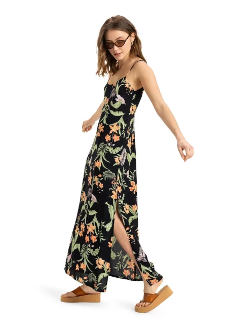 Дълга рокля с десен и странична цепка - Зелен/Черен/Оранжев