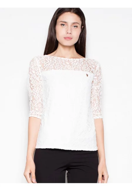 Дамска блуза  бежова - 3/4 ръкав - прозрачно горнище на точки - полиестер