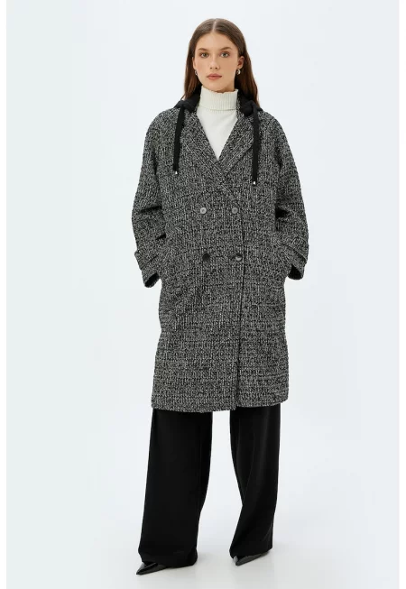 Двуредно палто с качулка - Бял/Черен