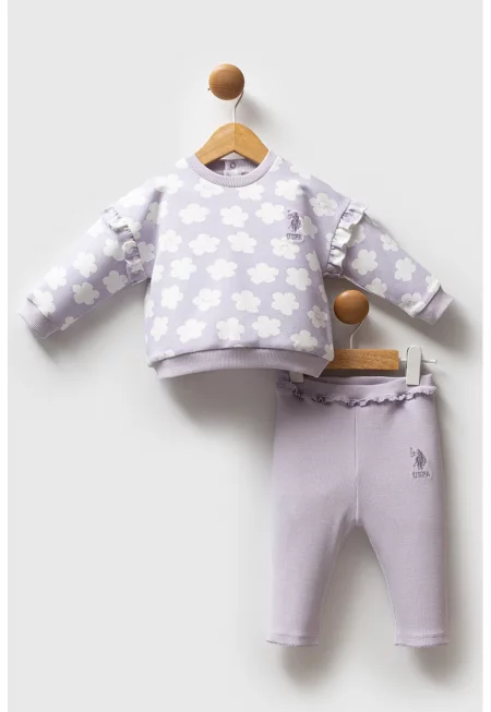 Флорален суитшърт и панталон - 2 части - Бял/Светлолилав