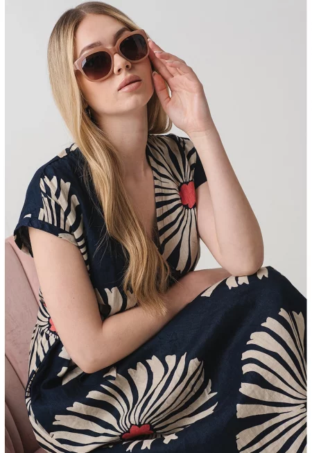 Флорална рокля - Корал/Ултрамарин синьо/Бежов