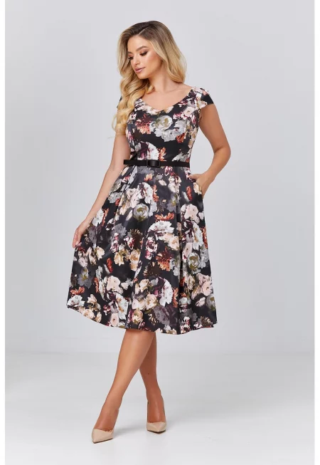 Флорална рокля с колан - Черен/Сив/Изгорен портокал