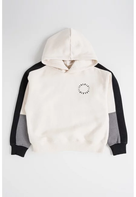 Худи с памук и цветен блок - Черен/Светло бежово