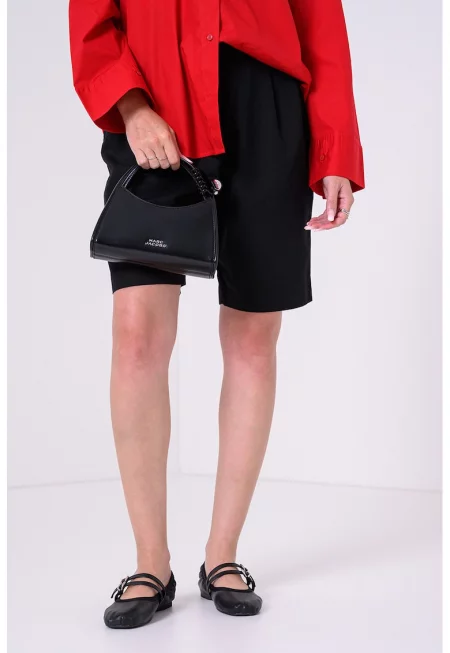 Къс панталон с лен и джобове - Черен