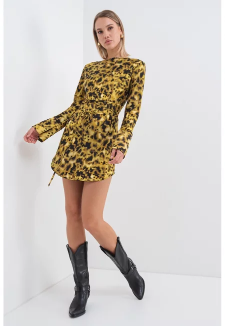 Къса сатинирана рокля с връзки - Черен/Синапено жълто