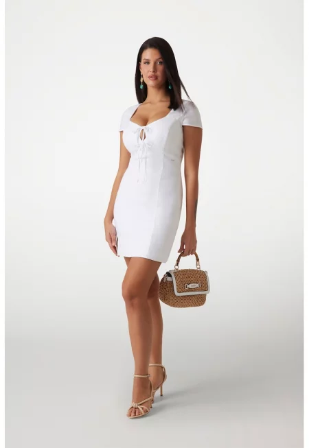 Къса вталена рокля с лен - Бял