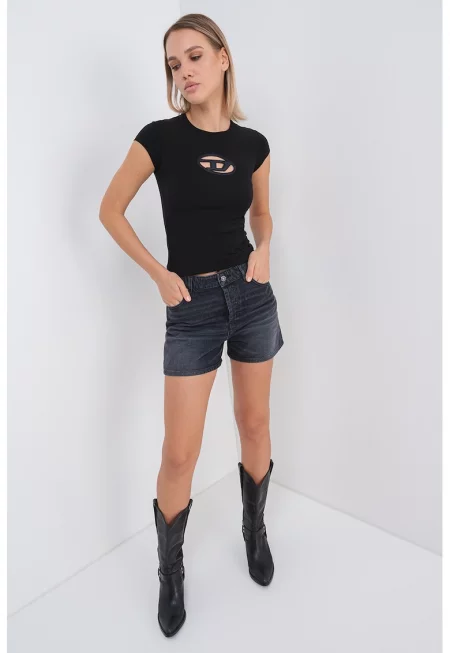 Къси дънки с висока талия - Черен меланж