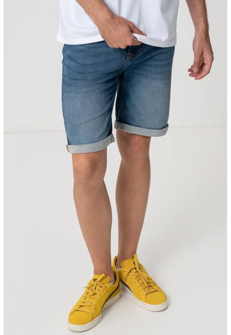 Къси прави дънки със захабен ефект - Син