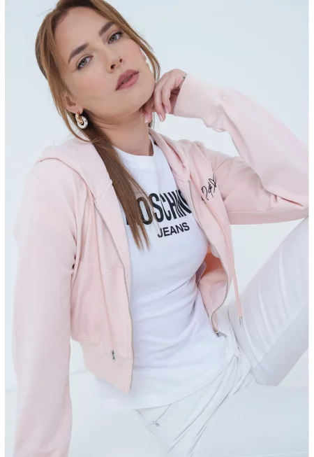 Късо худи с цип - Черен/Прашно розово