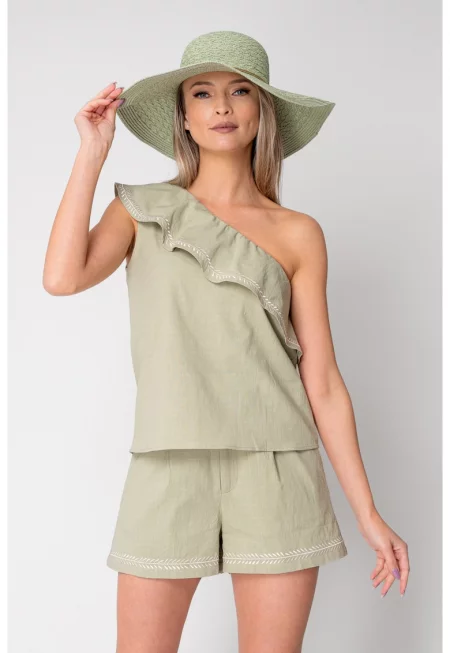 Комплект от топ с едно рамо и къси панталони - Olive 16499