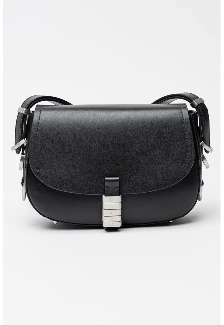 Кожена чанта през рамо с метални детайли - Tъмносив