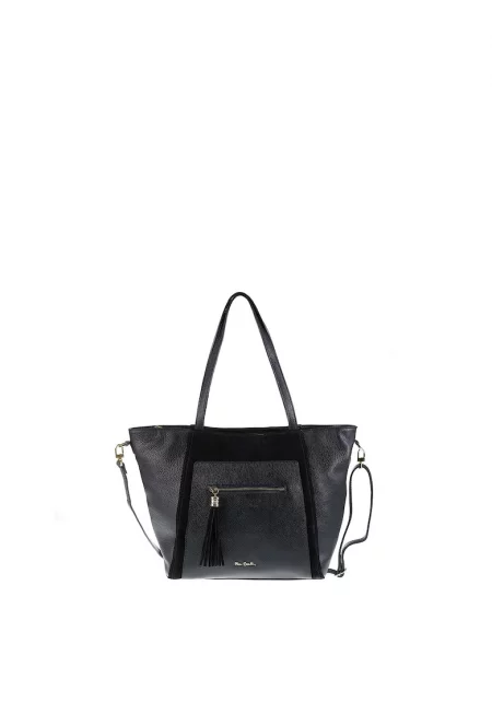 Кожена чанта за рамо с пискюли - Черен