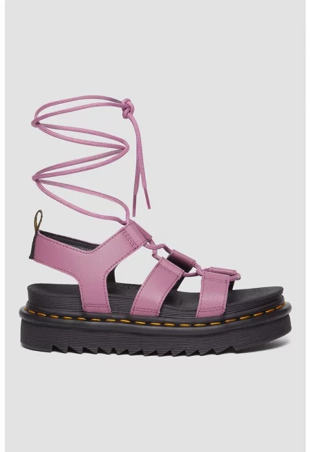 Кожени сандали с връзки и равна платформа - Прашно розово