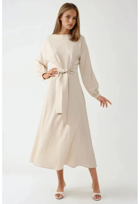 Макси рокля -  текстурирана - кръгла яка - бежово - текстил