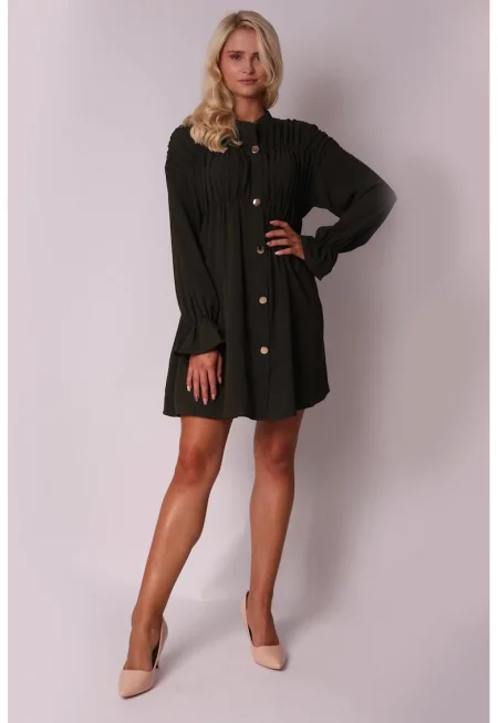 Маслинена рокля с дълъг ръкав - с плисета и златни копчета DA1694