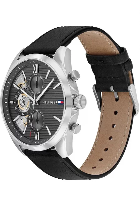 Мъжки часовник  Baker Open Heart - кварцов механизъм Seiko VX9N - корпус от неръждаема стомана - черна кожена каишка - водоустойчив 50м - сив