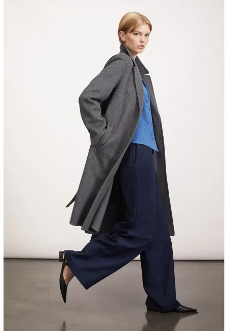 Палто с вълна и връзка - Меланж тъмно сиво