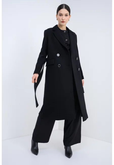 Палто с вълна с колан - Черен