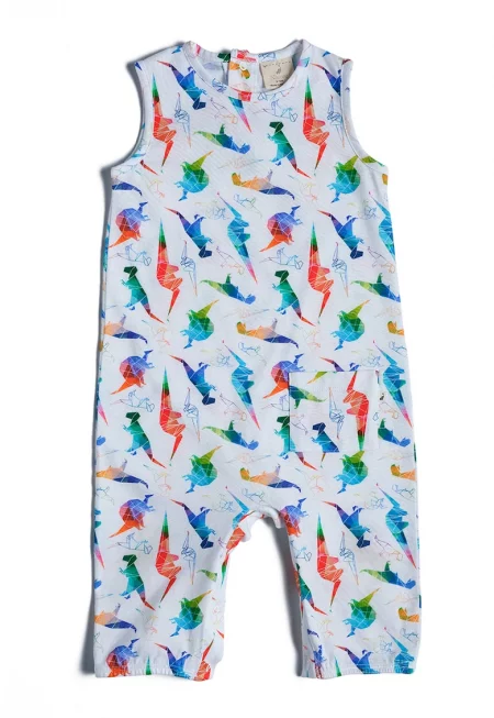 Памучен дълъг гащеризон с десен с динозавър - Бял/Оранжев/Син