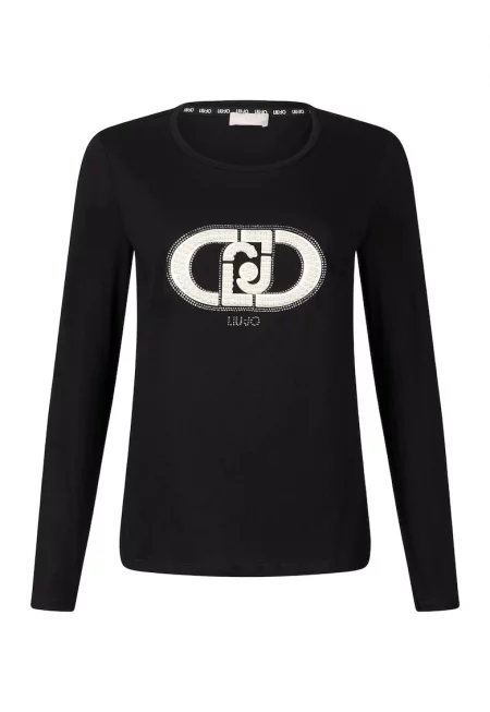 Памучна блуза с лого от декоративни камъни