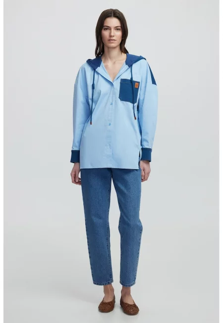 Памучна риза с качулка - Светлосин