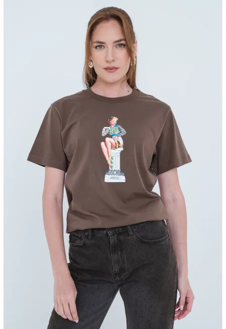 Памучна тениска с графика - Светло сив/Бял/Тъмнокафяв