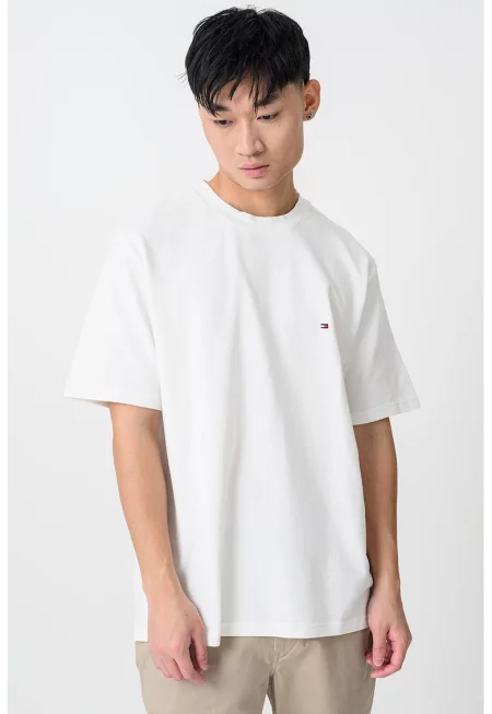 Памучна тениска с овално деколте - Мръснобял