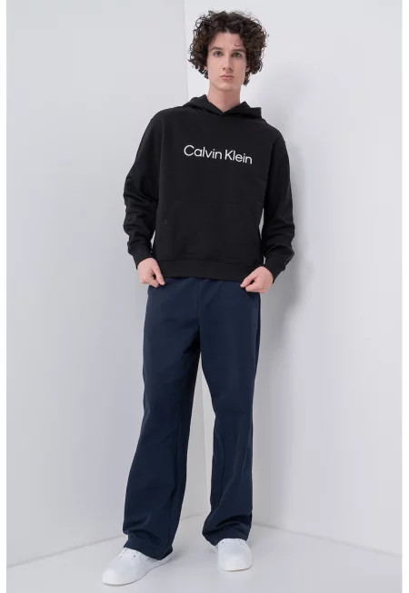 Памучно худи с джоб кенгуру - Черен