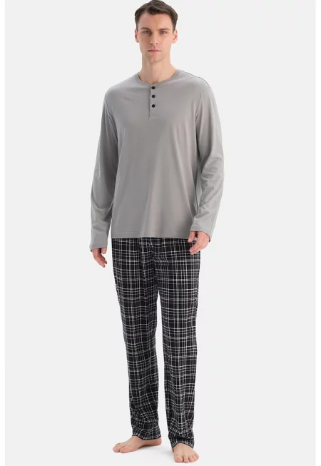 Пижама Henley с модал - Черен/Сив