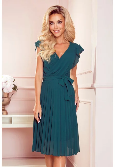 Плисирана рокля с волани на раменете - - Тюркоаз