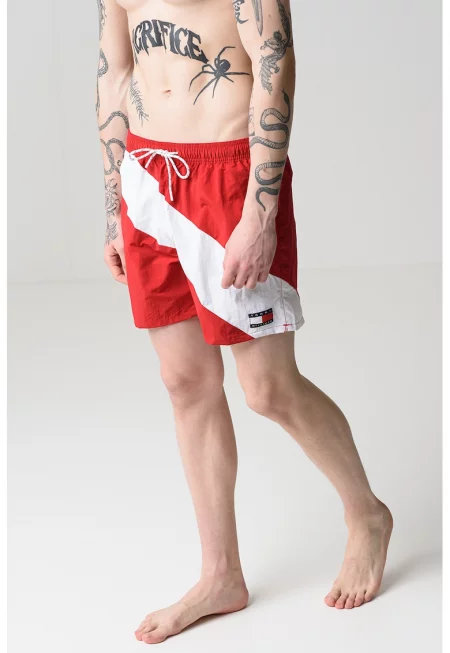 Плувни шорти с връзка и джобове - Бял/Тъмночервен