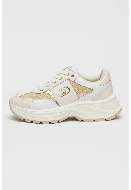 Полускосен кожени маратонки с бляскав ефект - Бял/Златист