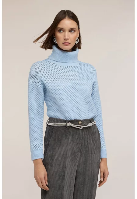 Пуловер с ажур с поло - Небесносин