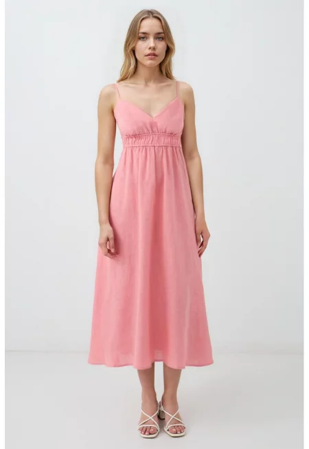 Разкроена ленена рокля - Бледо розово