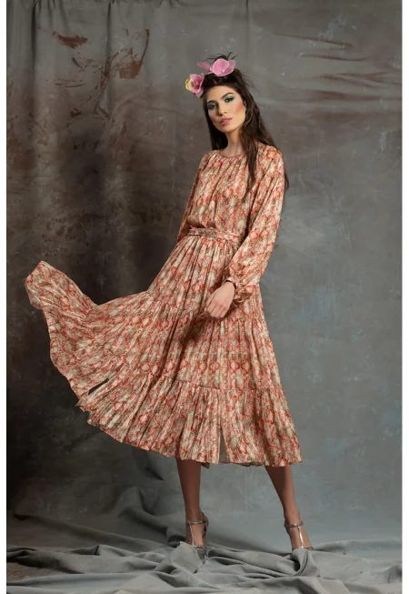 Разкроена рокля с коприна с овално деколте - Кафяв