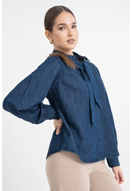 Риза от деним с панделка - Тъмносин
