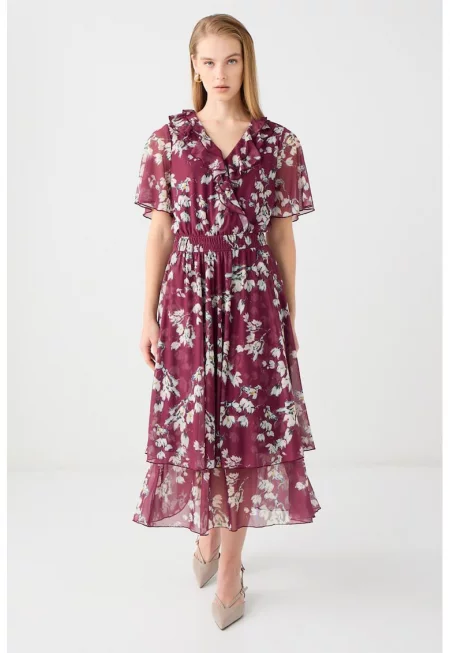 Рокля от шифон - Бял/Бордо/Черен